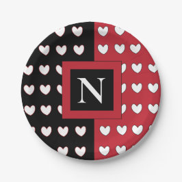 Plato De Papel Monograma personalizado Corazón blanco rojo negro 