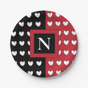 Plato De Papel Monograma personalizado Corazón blanco rojo negro 