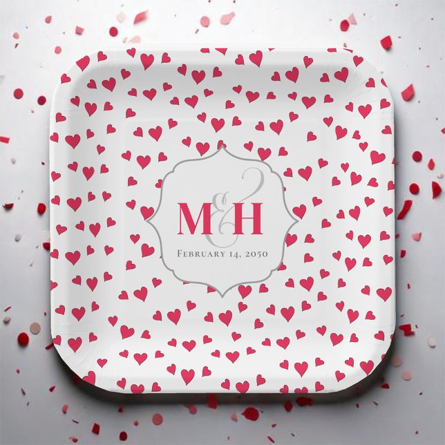 Plato De Papel Monograma Personalizado Corazón Rojo Lindo (Pink heart pattern custom monogram paper plate)
