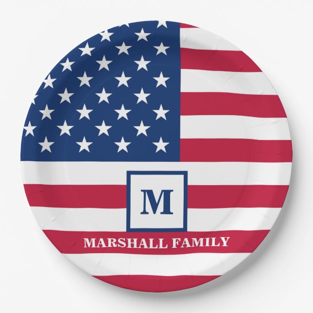 Plato De Papel Monograma Personalizado De Bandera Estadounidense  (Anverso)