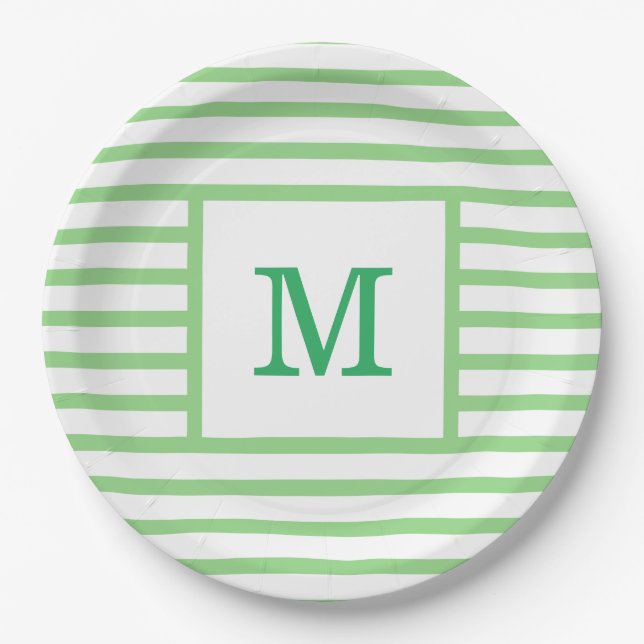 Plato De Papel Monograma Personalizado de franjas verdes y blanca (Anverso)