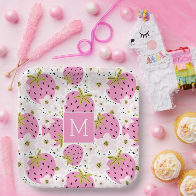 Plato De Papel Monograma Personalizado de fresas rosadas (Fiesta)