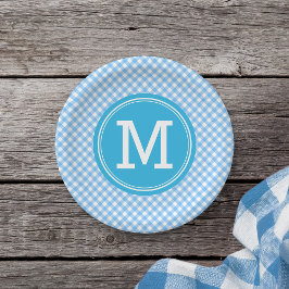 Plato De Papel Monograma personalizado de Gingham Blue Baby Count