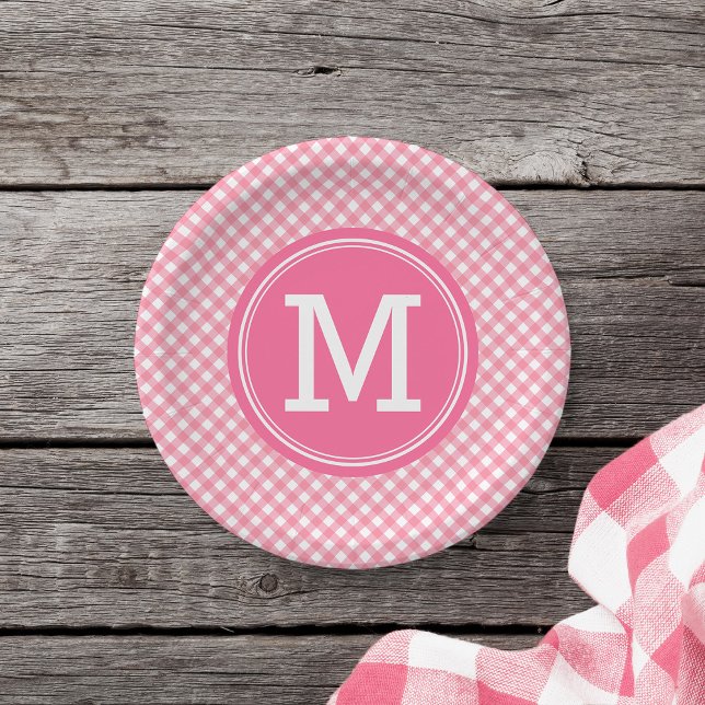 Plato De Papel Monograma personalizado de Gingham rosa del bebé d (Subido por el creador)