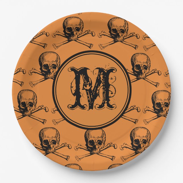 Plato De Papel Monograma personalizado de naranja Skull Halloween (Anverso)