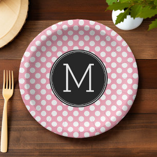 Plato De Papel Monograma Personalizado de puntos de polka rosa y 