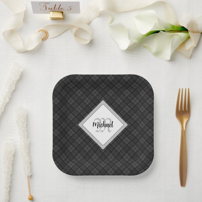Plato De Papel Monograma personalizado del blanco negro de moda (Boda)