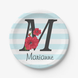 Plato De Papel Monograma personalizado editable M texto flor roja
