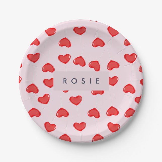Plato De Papel Monograma personalizado Lolipop Valentines (Anverso)