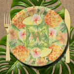Plato De Papel Monograma Piña<br><div class="desc">Estas placas de papel presentan su monograma sobre piñas acuarelas,  flores tropicales y vegetación sobre un suave fondo verde claro. Diversión para fiestas de verano. COINCIDIENDO con los artículos de nuestra tienda.</div>