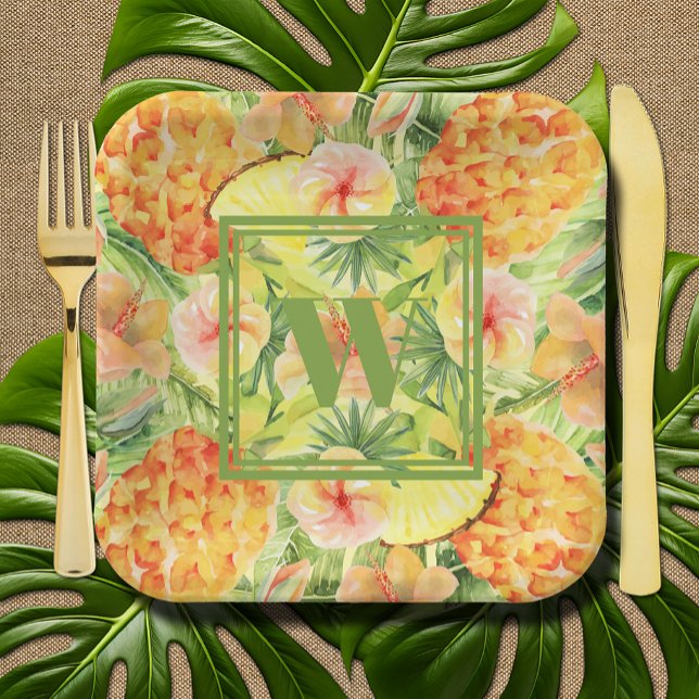 Plato De Papel Monograma Pineapples Flores de vegetación (Monogram Pineapples Flowers Greenery Paper Plates)