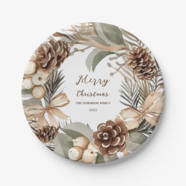 Plato De Papel Monograma Pinecone Invierno Wreath Feliz Navidad
