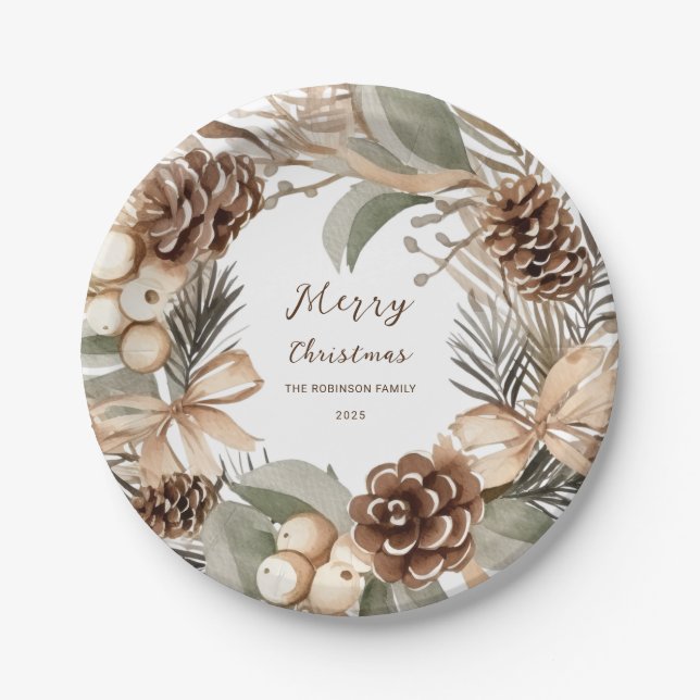 Plato De Papel Monograma Pinecone Invierno Wreath Feliz Navidad (Anverso)