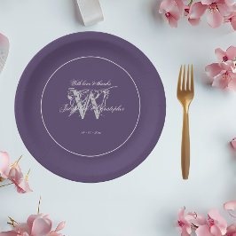 Plato De Papel Monograma púrpura boda Moda simple elegante