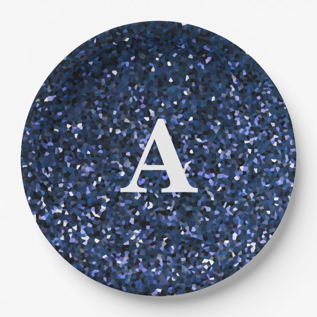 Plato De Papel Monograma Purpurina azul inicial Nombre personaliz (Anverso)