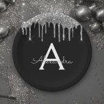Plato De Papel Monograma Purpurina de Plata Negra Cumpleaños<br><div class="desc">Negro - Purpurina de imitación plateado y Sparkle Elegant Birthday, Boda de bienvenida, Ducha de novia, Baby Shower o Placas de papel de soltero. Estas Placas de Boda, ducha de novia o fiesta de cumpleaños se pueden personalizar para incluir su nombre inicial y su nombre de pila. Póngase en contacto...</div>