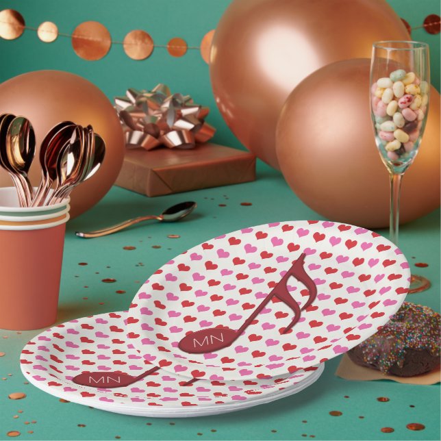 Plato De Papel Monograma Red Semi Quaver Love Hearts Music (Multi)