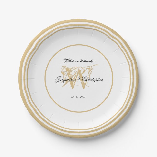 Plato De Papel Monograma romántico Boda de oro blanco elegante (Anverso)