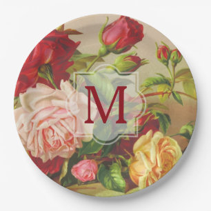 Plato De Papel Monograma Rosas victorianos con flores de Bouquet