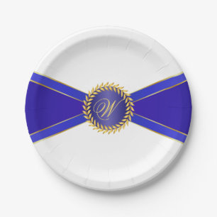 Plato De Papel Monograma Royal Blue Elegance