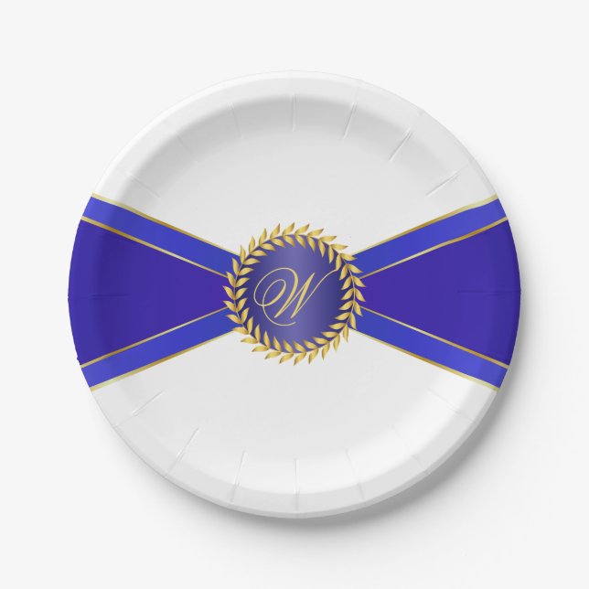 Plato De Papel Monograma Royal Blue Elegance (Anverso)