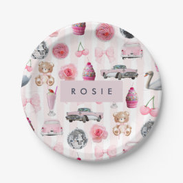 Plato De Papel Monograma Rubor Pink Retro Disco Coquette