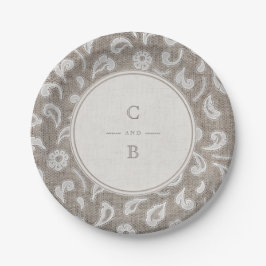 Plato De Papel Monograma rústico de boda de encaje y arpillera