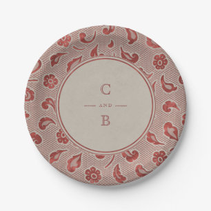 Plato De Papel Monograma rústico de boda Kraft rojo encaje