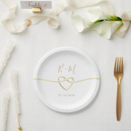 Plato De Papel Monograma simple blanco y dorado Boda