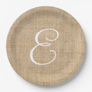 Plato De Papel Monograma simple Boda de Burlap ruso