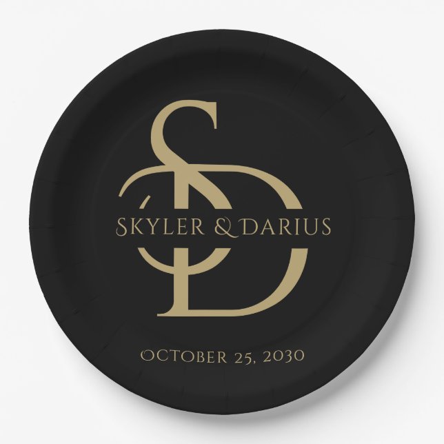 Plato De Papel Monograma simple Boda personalizado con nombre (Anverso)