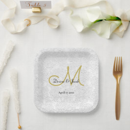 Plato De Papel Monograma simple de matrimonio elegante blanco dor