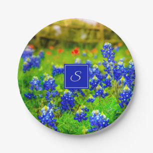 Plato De Papel Monograma Texas Bluebonnets y pincel indio