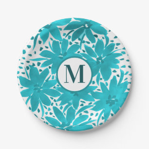 Plato De Papel Monograma Turquoise Daisy Watercolor Bouquet