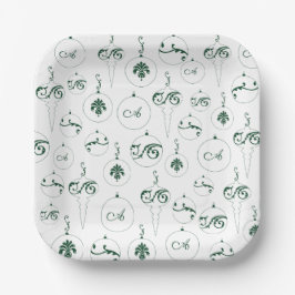 Plato De Papel Monograma verde Patrón de baudillos Navidades cuad