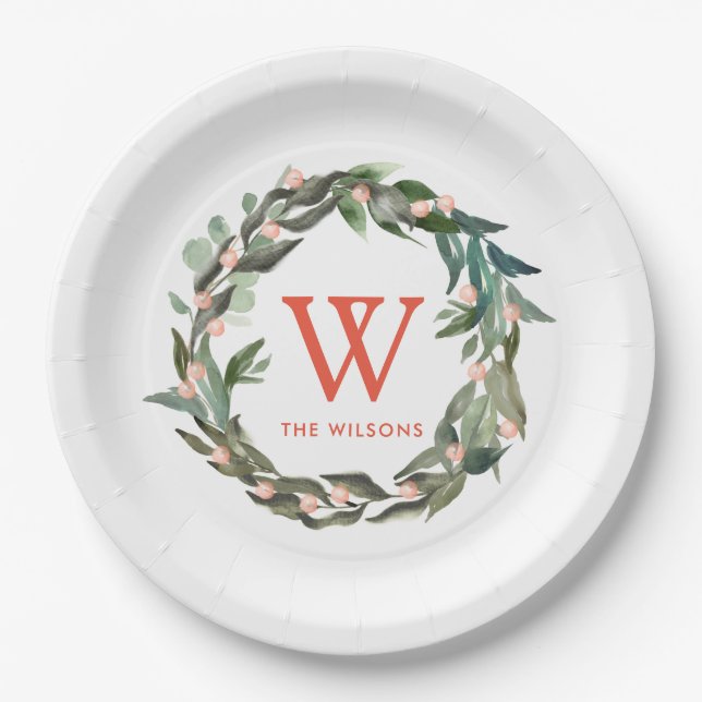 Plato De Papel Monograma Verde Wreath Holiday Blanco (Anverso)