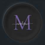 Plato De Papel Monograma violeta púrpura negro elegante guión mod<br><div class="desc">Moderno y sencillo de moda Violeta Púrpura Negro Monograma moderno Guión Femenino Nombre Placa de papel</div>