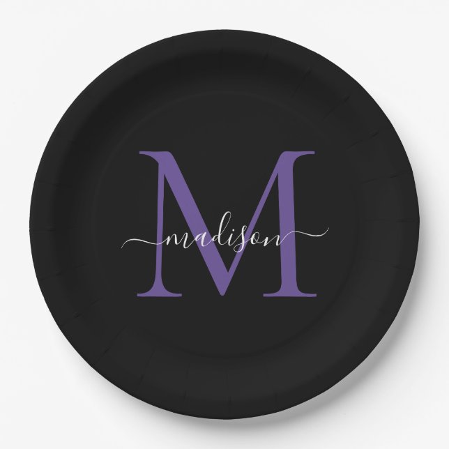 Plato De Papel Monograma violeta púrpura negro elegante guión mod (Anverso)