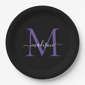 Plato De Papel Monograma Violeta Púrpura Negro Moderno Elegante S
