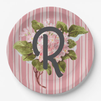 Plato De Papel Monograma y flores sobre rayas rosadas