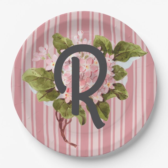 Plato De Papel Monograma y flores sobre rayas rosadas (Anverso)