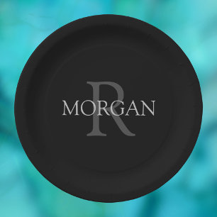 Plato De Papel Monograma y nombre DIY, negro clásico con texto gr