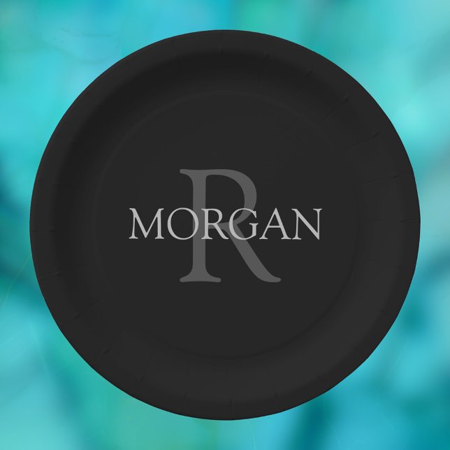 Plato De Papel Monograma y nombre DIY, negro clásico con texto gr (Subido por el creador)
