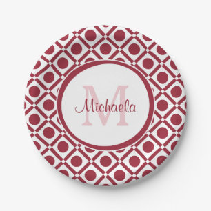Plato De Papel Monograma y nombre geométrico moderno rojo y blanc