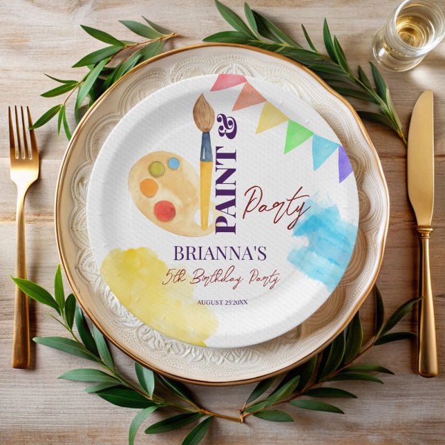 Plato De Papel Monogramación de pintura y fiesta de arte fiesta (Paint and party art themed birthday party monogrammed paper plates personalized art party plates)