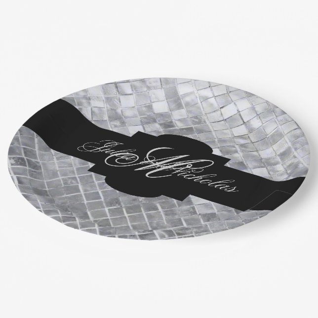 Plato De Papel Monogramado Black & Silver 25º aniversario (Angular)