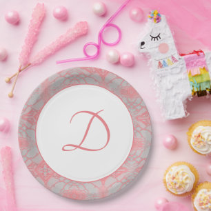 Plato de papel monogramado con mármol rosa