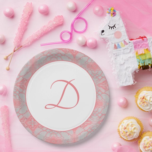 Plato de papel monogramado con mármol rosa (Fiesta)