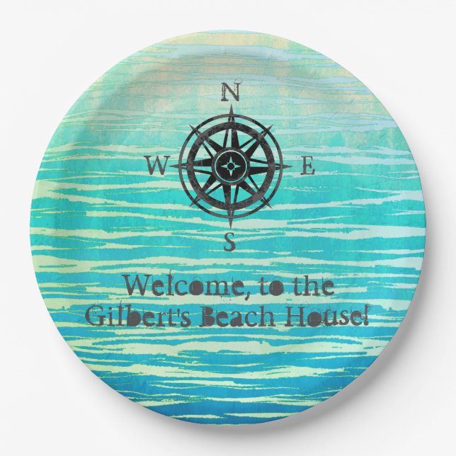 Plato De Papel Monogramado del mar verde azulado de Ombre (Anverso)