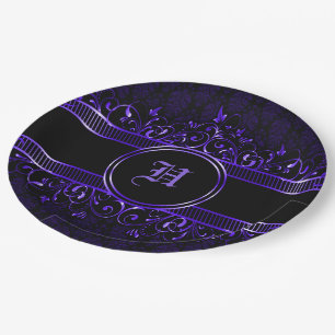 Plato De Papel Monogramado gótico negro y morado